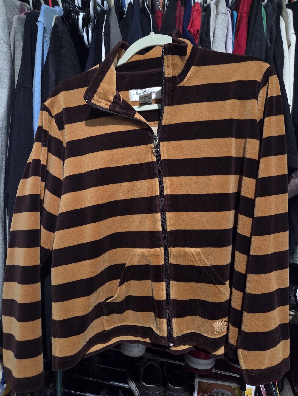 Oleg Cassini Sport Brown & Tan Striped Velvet Zip Jacket